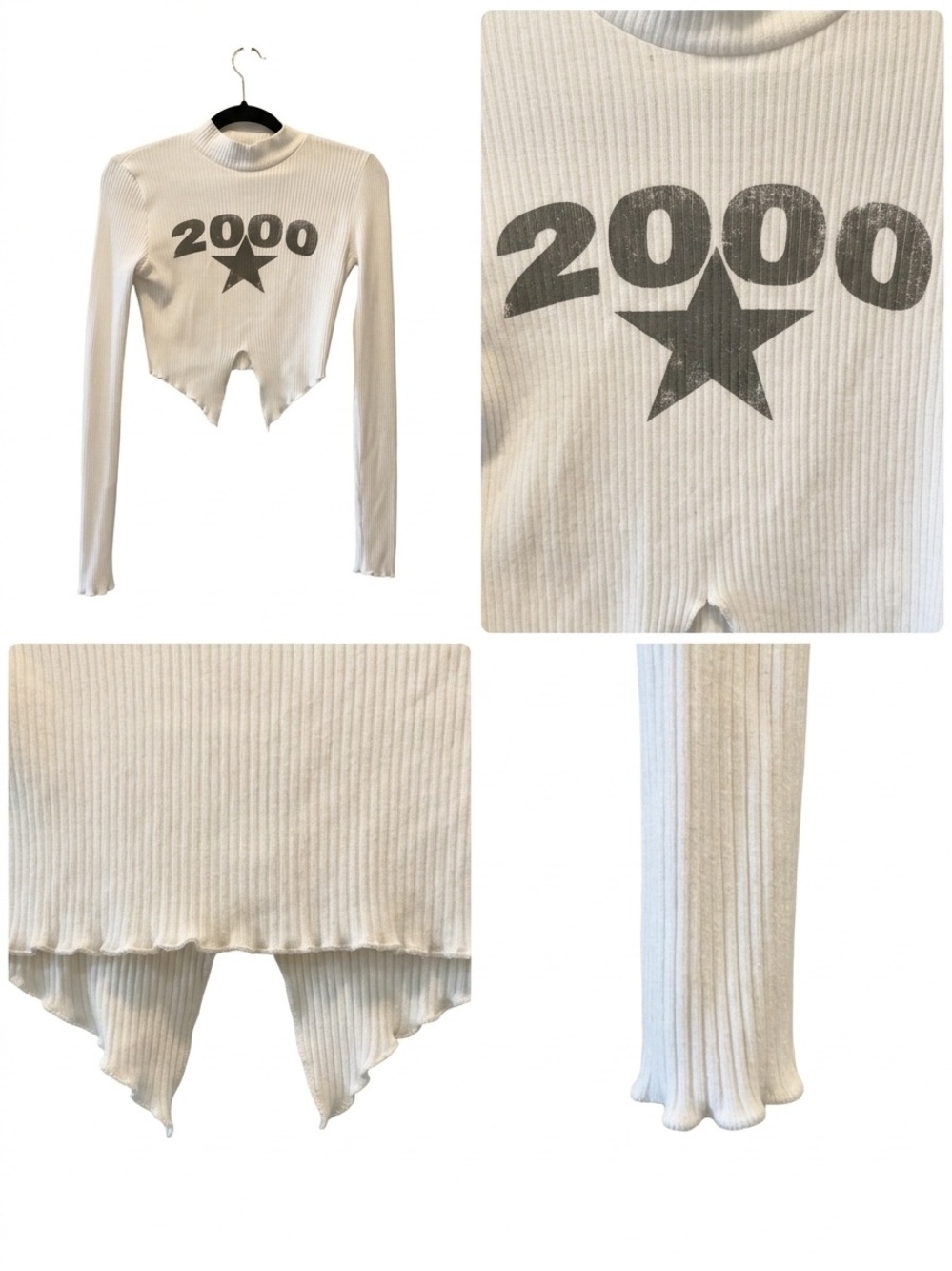 Bershka Cream 2000s Star Lettuce Hem Mockneck Crop Cut Out Top Size M